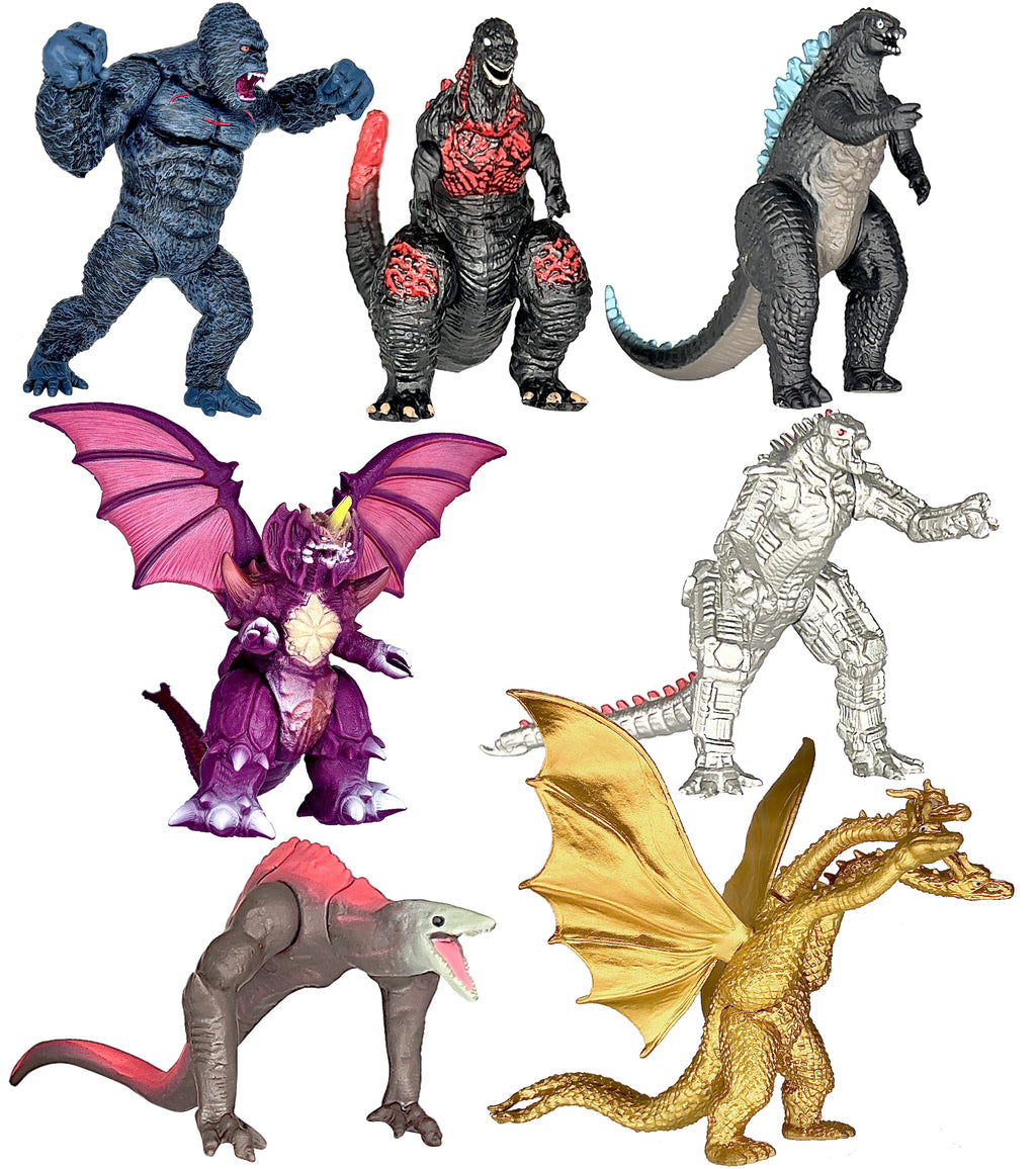TwCare Exclusive Set of 7 Godzilla vs Kong Toys Movable Joint Action Figures, King of The Monster Dinosaur Shin Ghidorah Skull Crawler Destoroyah Mecha Mechagodzilla Cake Toppers Pack