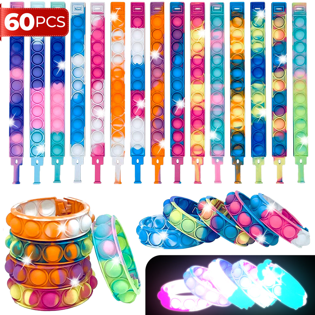 60 PCS Fidget Bracelets Pop it Toy, Glow in The Dark, Rainbow Party Favors, Anti-Anxiety Stress Relief Wristband Set, Push Bubbles Sensory Autistic Pack Kids Ages 5 8 12 Adult Student Gift