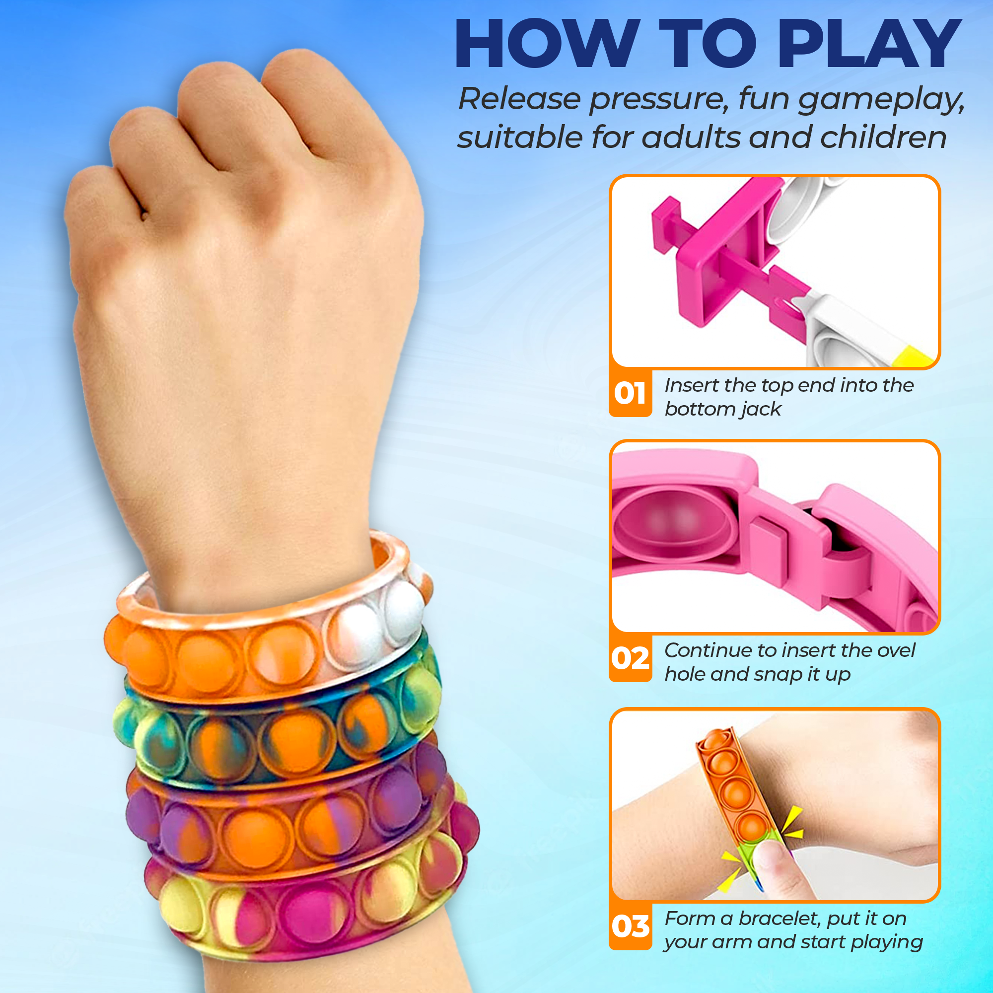 8 Pcs Fidget Bracelets Pop It Toy, Glow in The Dark, Rainbow Party Favors Anti-Anxiety Stress Relief Wristband Set, Push Bubbles Sensory Autistic