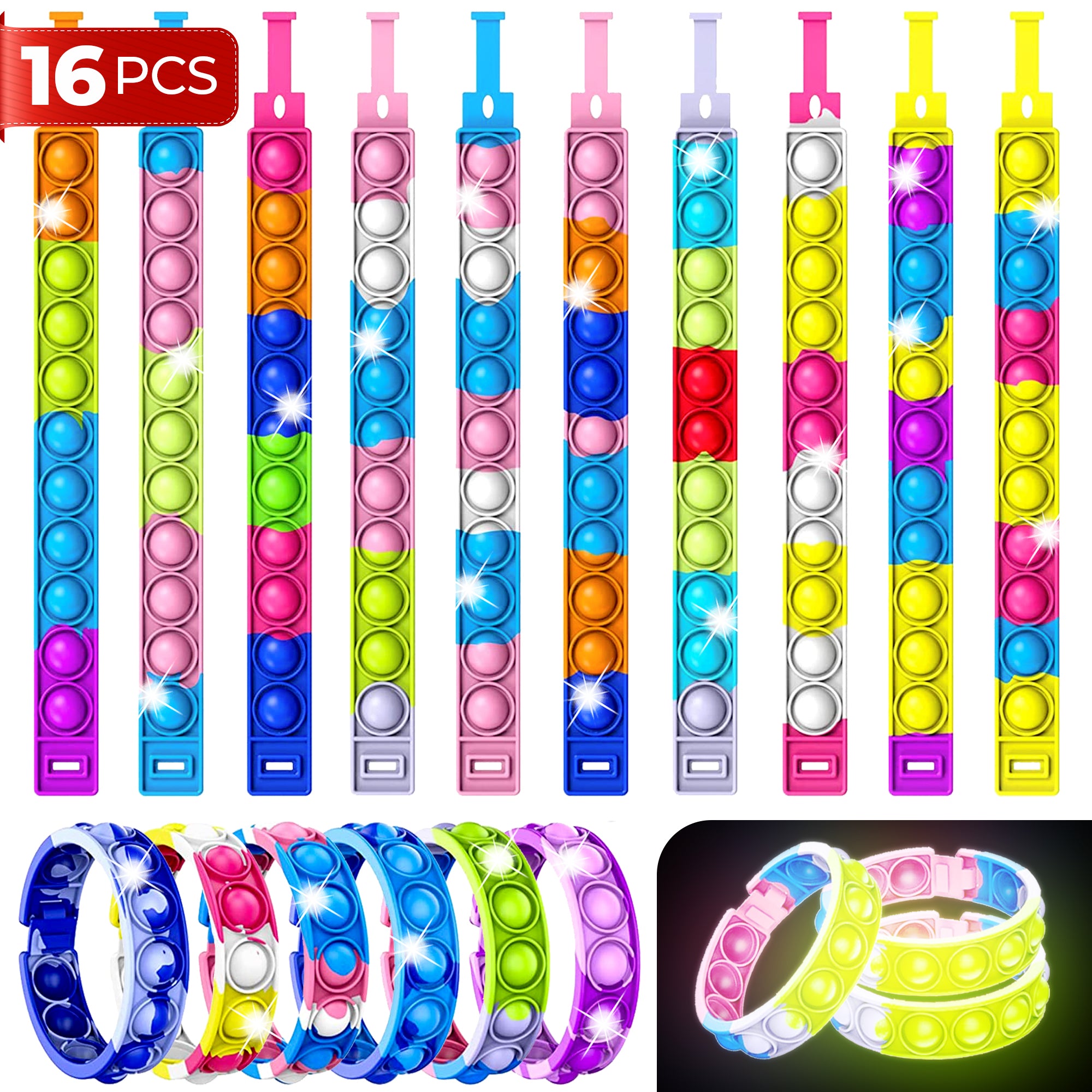 16 Pcs Bracelets Glow in The Dark Pop It Fidget Toy, Rainbow Party Favors, Anti-Anxiety Stress Relief Wristband Set, Push Bubbles Sensory Autistic
