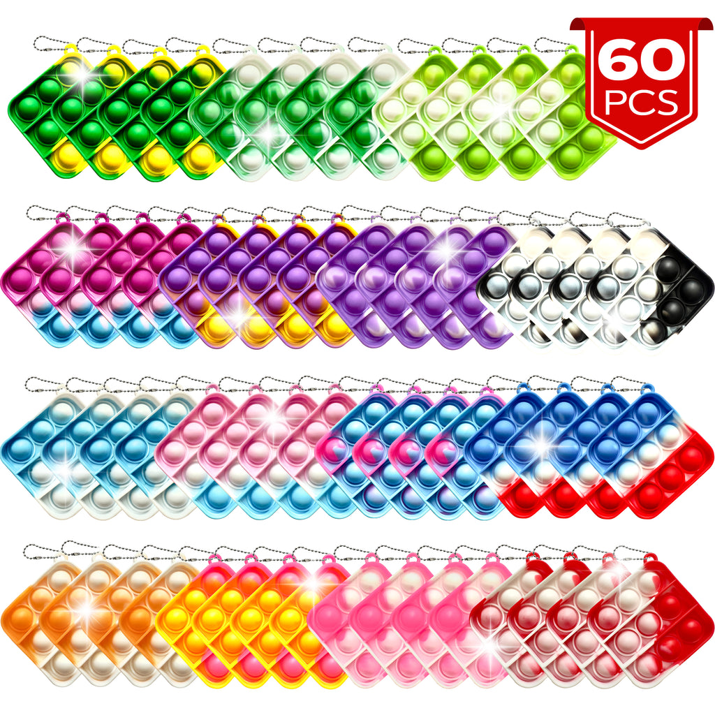 60 Pcs Push Pop Bubble Fidget Keychain Pack, Simple Anti-Anxiety Silicone Rainbow Mini Popping Office Desk Toy, Squeeze Stress Relief Sensory Hand Suitable for Kids Adults Gift