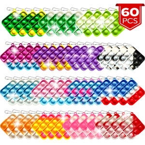 60 Pcs Push Pop Bubble Fidget Keychain Pack, Simple Anti-Anxiety Silicone Rainbow Mini Popping Office Desk Toy, Squeeze Stress Relief Sensory Hand Suitable for Kids Adults Gift