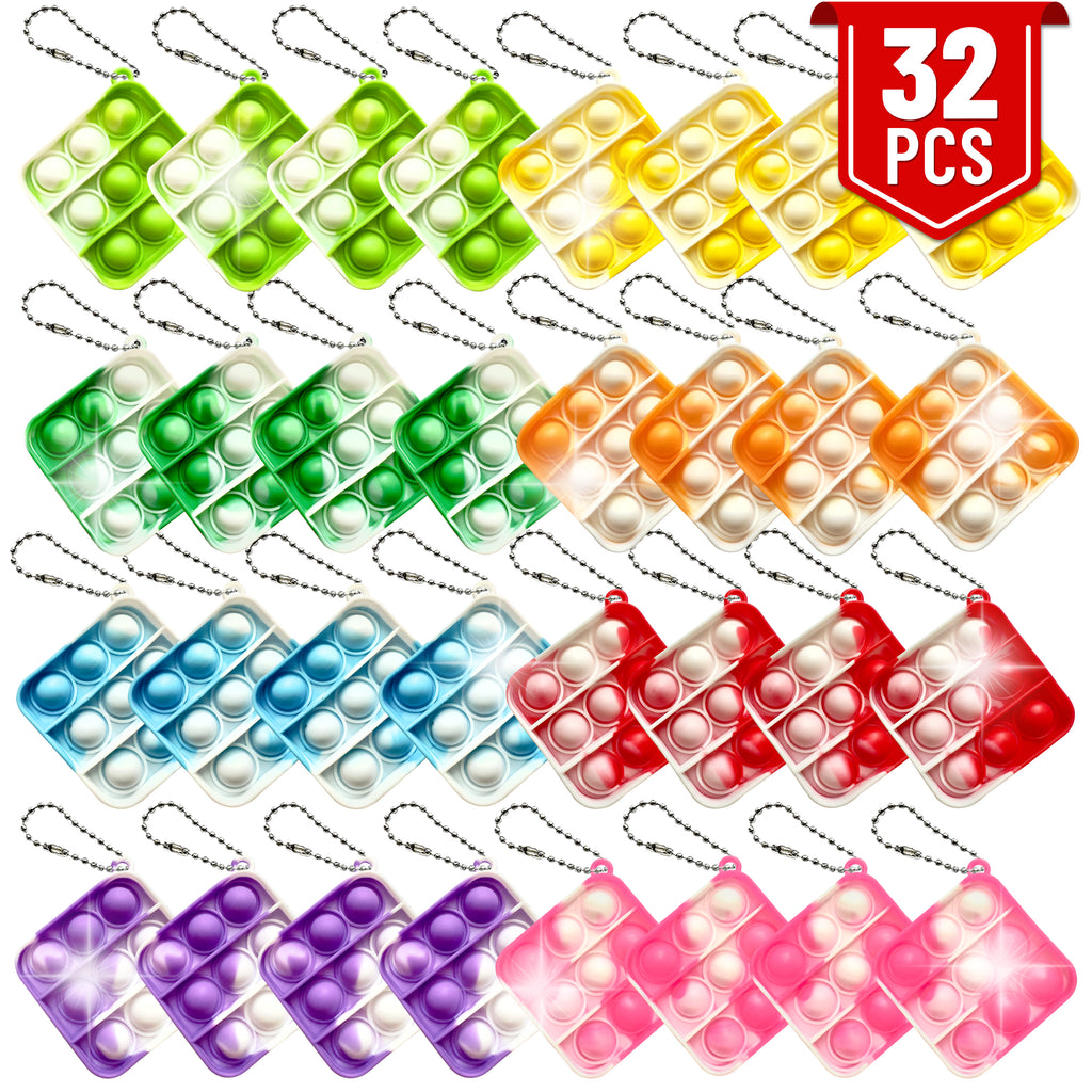 32 Pcs Push Pop Bubble Fidget Keychain Pack, Simple Anti-Anxiety Silicone Rainbow Mini Popping Office Desk Toy, Squeeze Stress Relief Sensory Hand Suitable for Kids Adults Gift