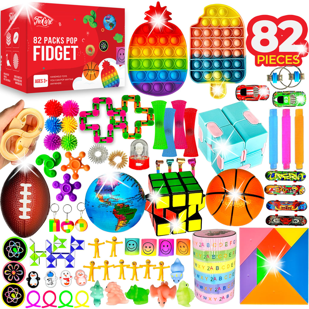 (82 Pcs) 2023 Upgraded Fidget Toys Set Party Favors Pop It Its Sensory Pack for Kids Stocking Stuffers Autism Stress Autistic Boys Girls Adults Fun Treasure Box Classroom Prizes Ages 3-12 Years Old