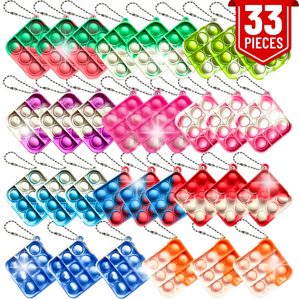 33 Pcs Push Pop Bubble Fidget Keychain Pack, Simple Anti-Anxiety Silicone Rainbow Mini Popping Office Desk Toy, Squeeze Stress Relief Sensory Hand Suitable for Kids Adults Gift
