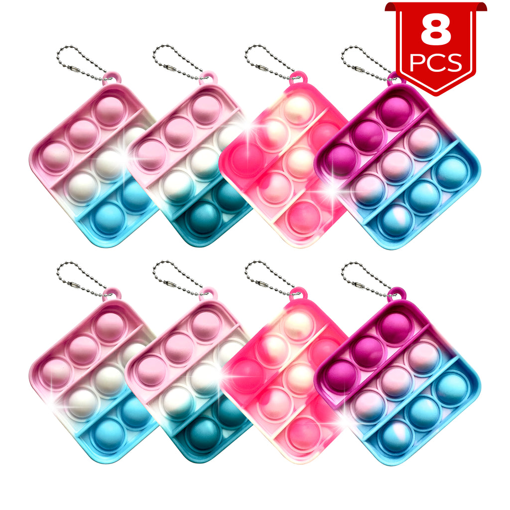 8 Pcs Push Pop Bubble Fidget Keychain Pack, Fun Treat, Simple Anti-Anxiety Silicone Rainbow Mini Popping Office Desk Toy, Squeeze Stress Relief Sensory Hand Suitable for Kids Adults Gift
