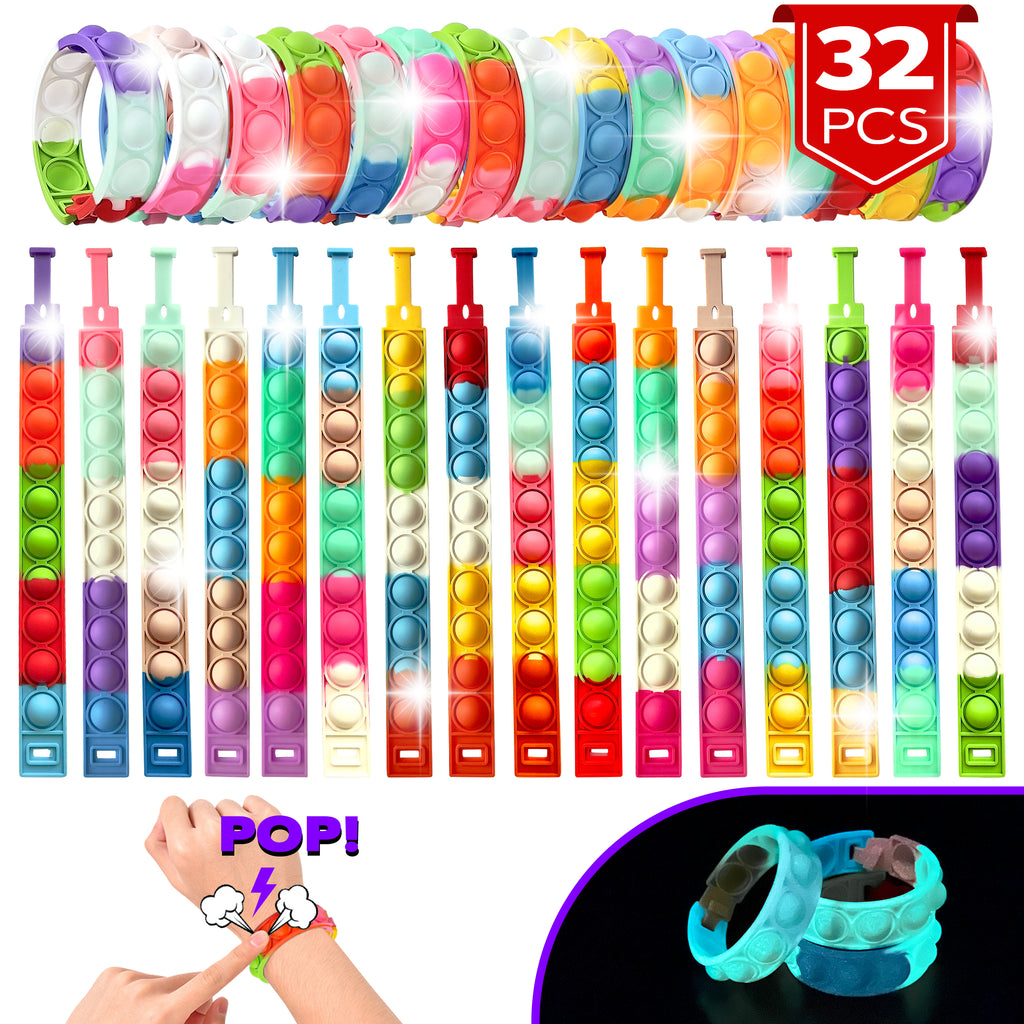 32 PCS Fidget Bracelets Pop it Toy, Glow in The Dark, Rainbow Party Favors, Anti-Anxiety Stress Relief Wristband Set, Push Bubbles Sensory Autistic Pack Kids Ages 5 8 12 Adult Student Gift