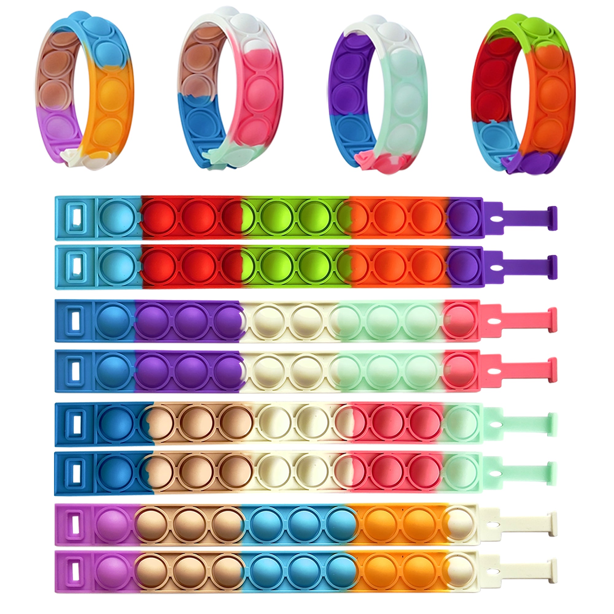 32 PCS Pop it Fidget Bracelets Toy, Adjustable Rainbow Party Favors, Anti-Anxiety Stress Relief Wristband Set, Push Bubbles Sensory Autistic Pack Kids All Ages Toddler Adult Gift