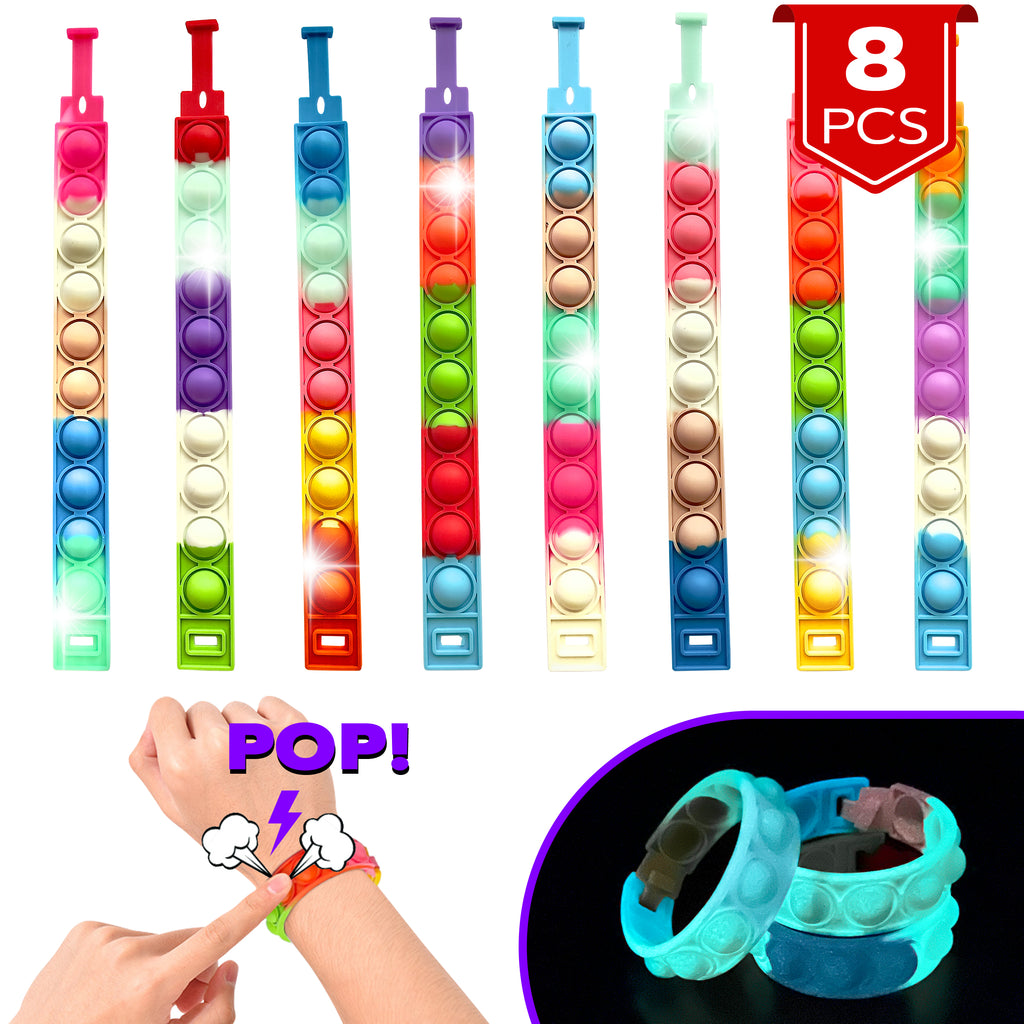 8 PCS Fidget Bracelets Pop it Toy, Glow in The Dark, Rainbow Party Favors Anti-Anxiety Stress Relief Wristband Set, Push Bubbles Sensory Autistic Pack Kids Ages 5 8 12 Adult Student Gift