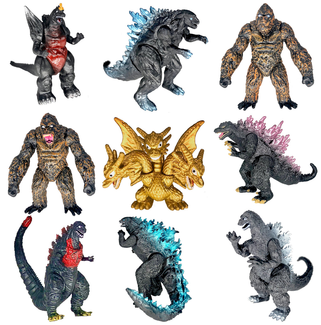 Set of 9 Godzilla Toys vs. King Kong Cake Toppers, with Carry Bag